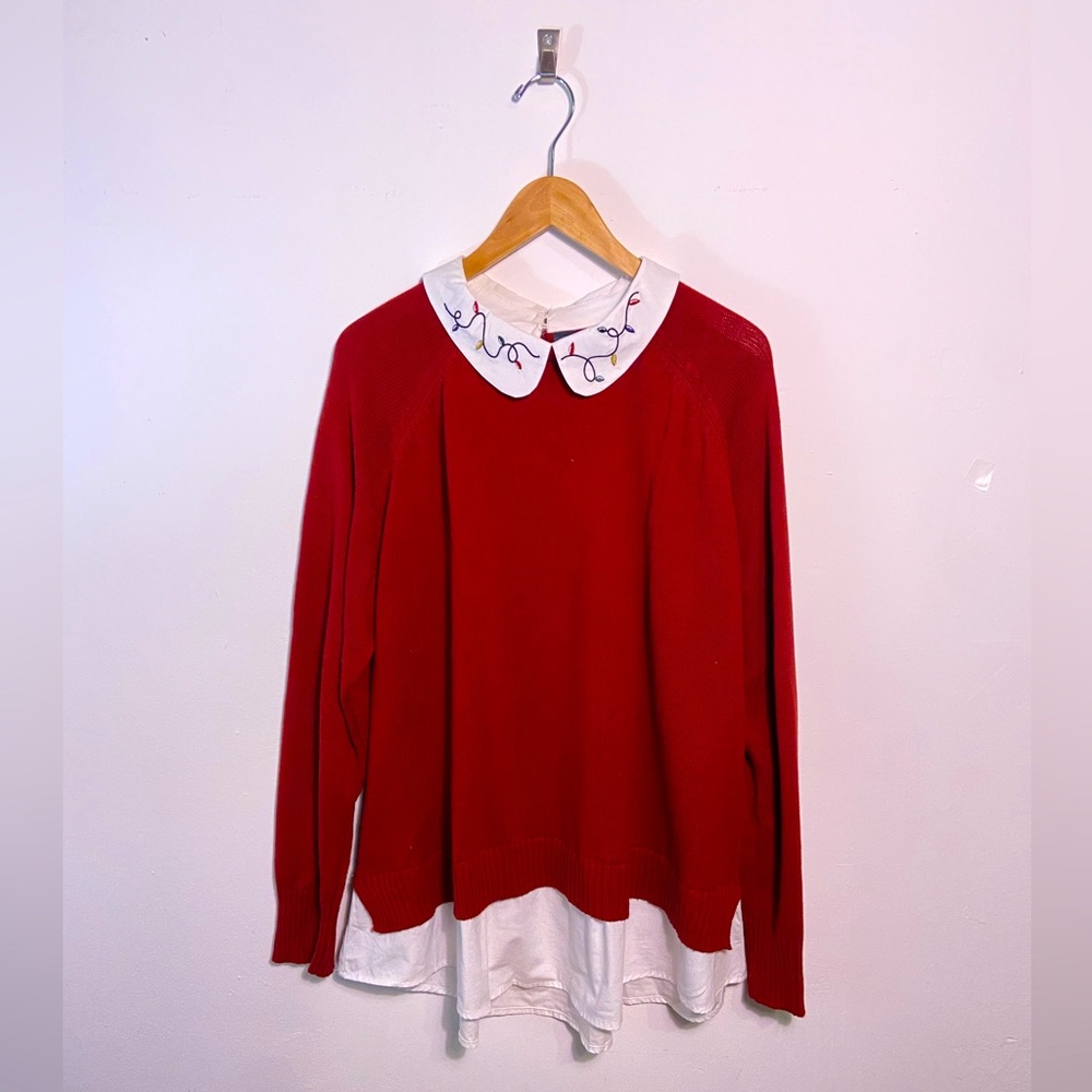 ModCloth Holiday Lights Sweater with faux collar and shirt hem